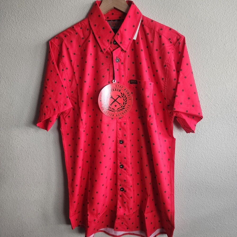 Dixxon Shirt Mens Medium Red Polkacide Party Wear Button Front Stretch